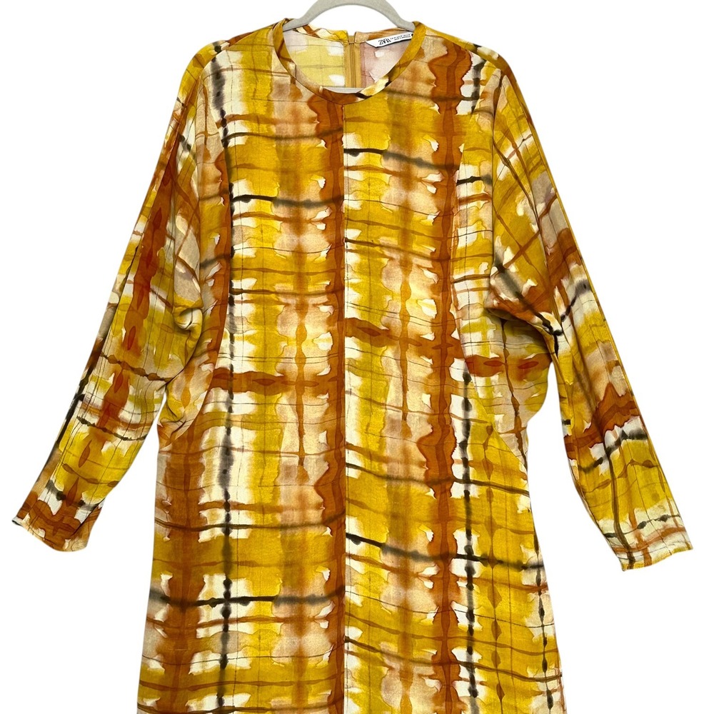 Zara Dress Tie Dye Plaid Print Dolman Sleeve Maxi Mustard Yellow M Blogger Fav - Picture 3 of 16
